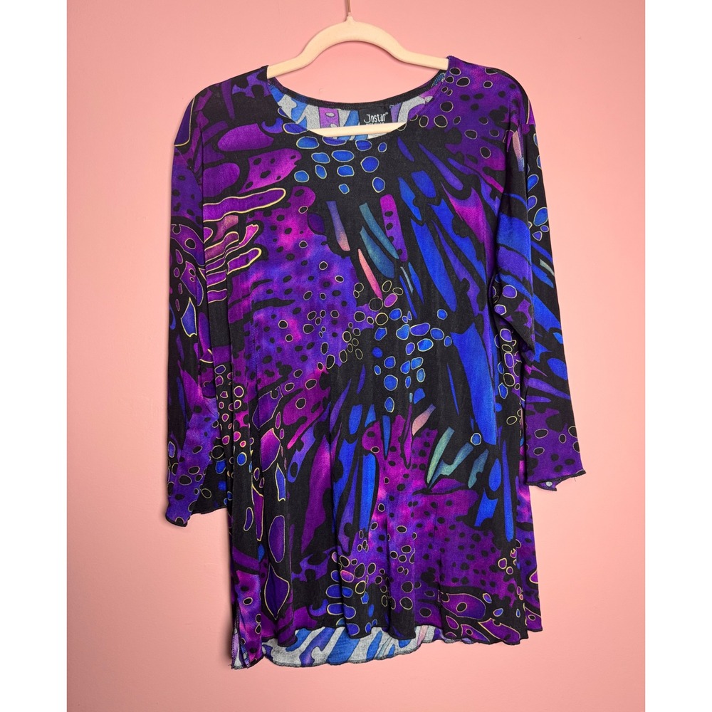 Jostar Womens 2XL Abstract Print Slinky Knit Whimsygoth Tunic Top Purple Blue